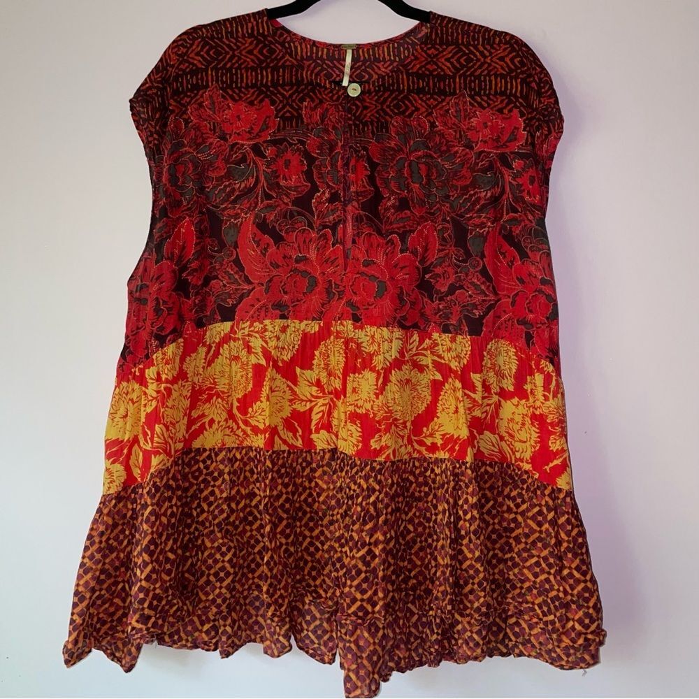 Free People Size S Boho Blouse Red Tiered Sleeveless Dark Cottage Beach Fairy